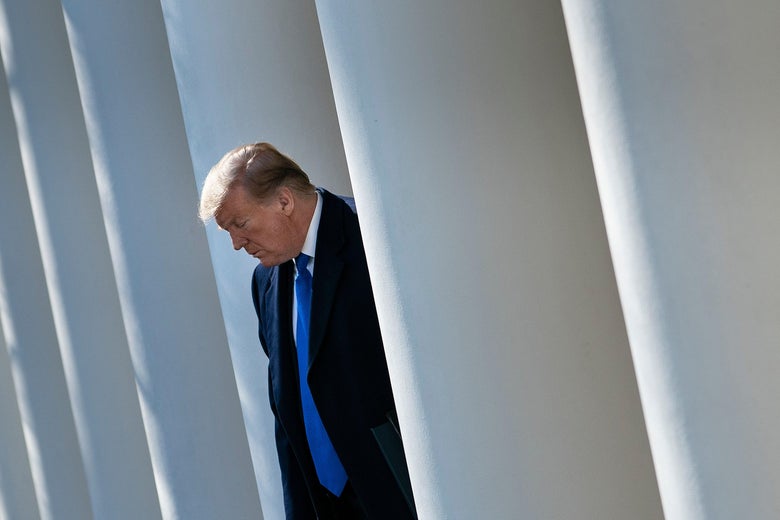President Donald Trump standing between White House columns.